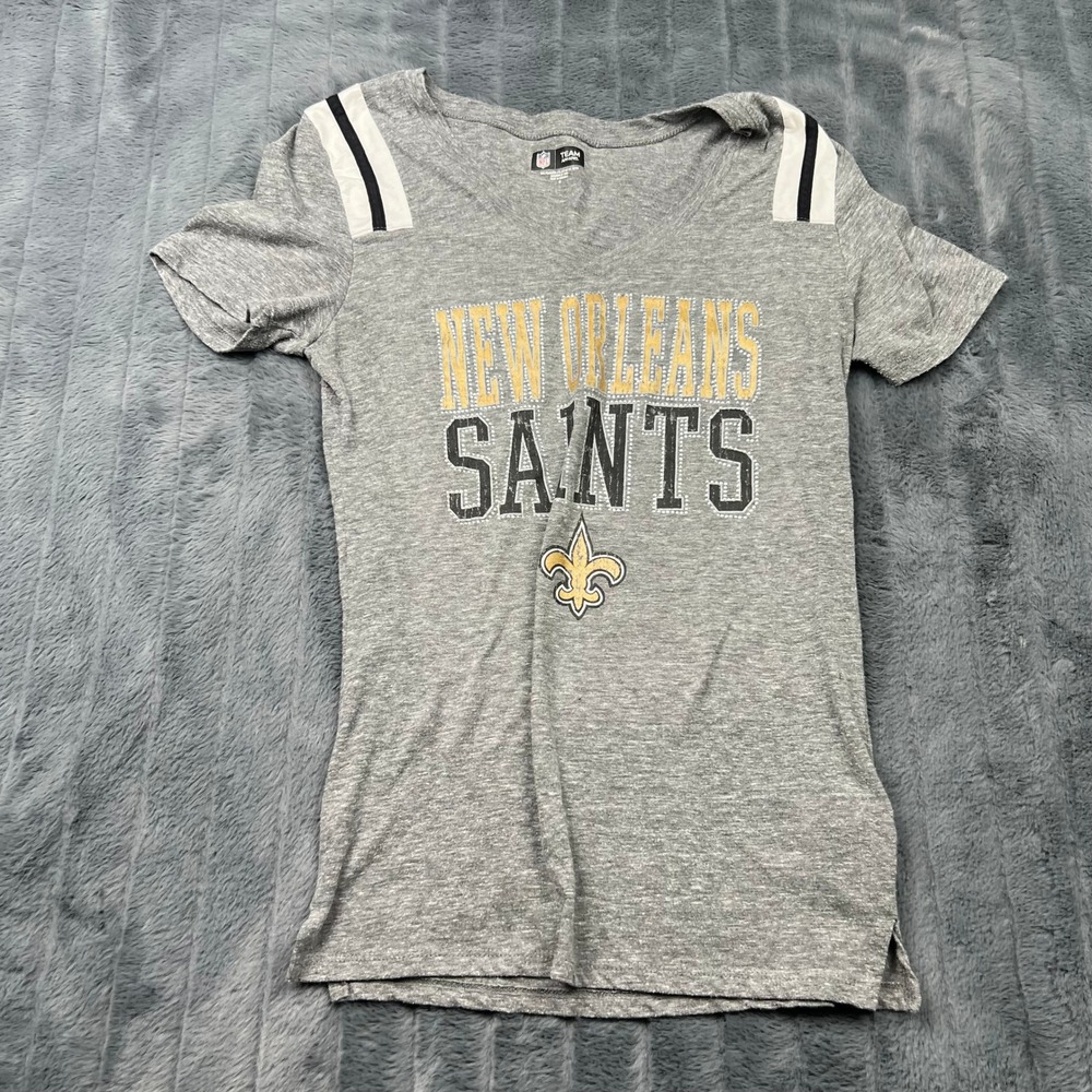 NFL Team Apparel New Orleans Saints Womens Gray V-Neck T-Shirt Size M 15156